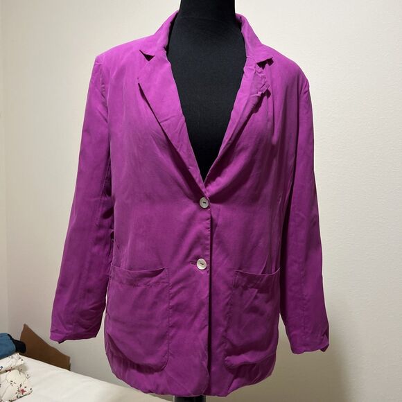 Vintage Womens M Silk Blazer Purple Lined Button Pockets Lagenlook - Picture 1 of 13